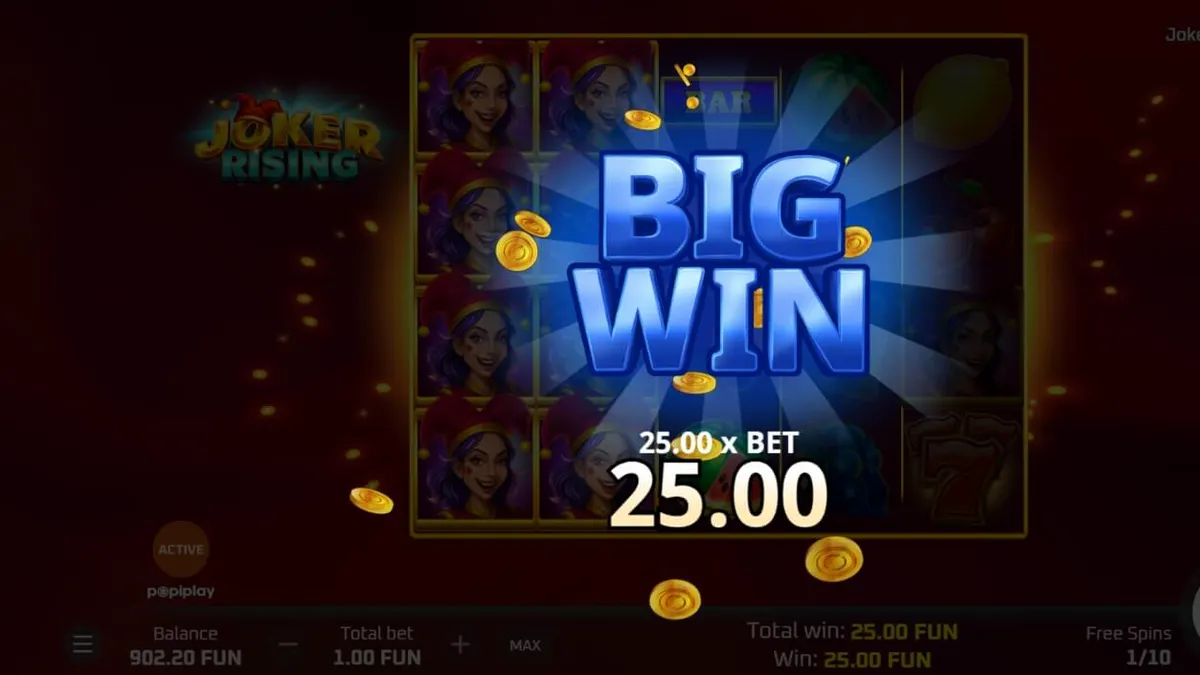 Interface vibrante do slot Joker Rising com símbolos de frutas neon e o logo do jogo